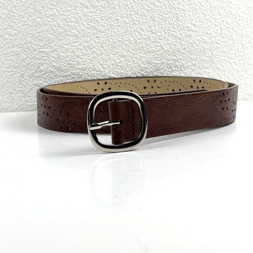 Vegan Leather Belt Womens XL Brown Perforated Floral Buckle Boho Western Eyelet